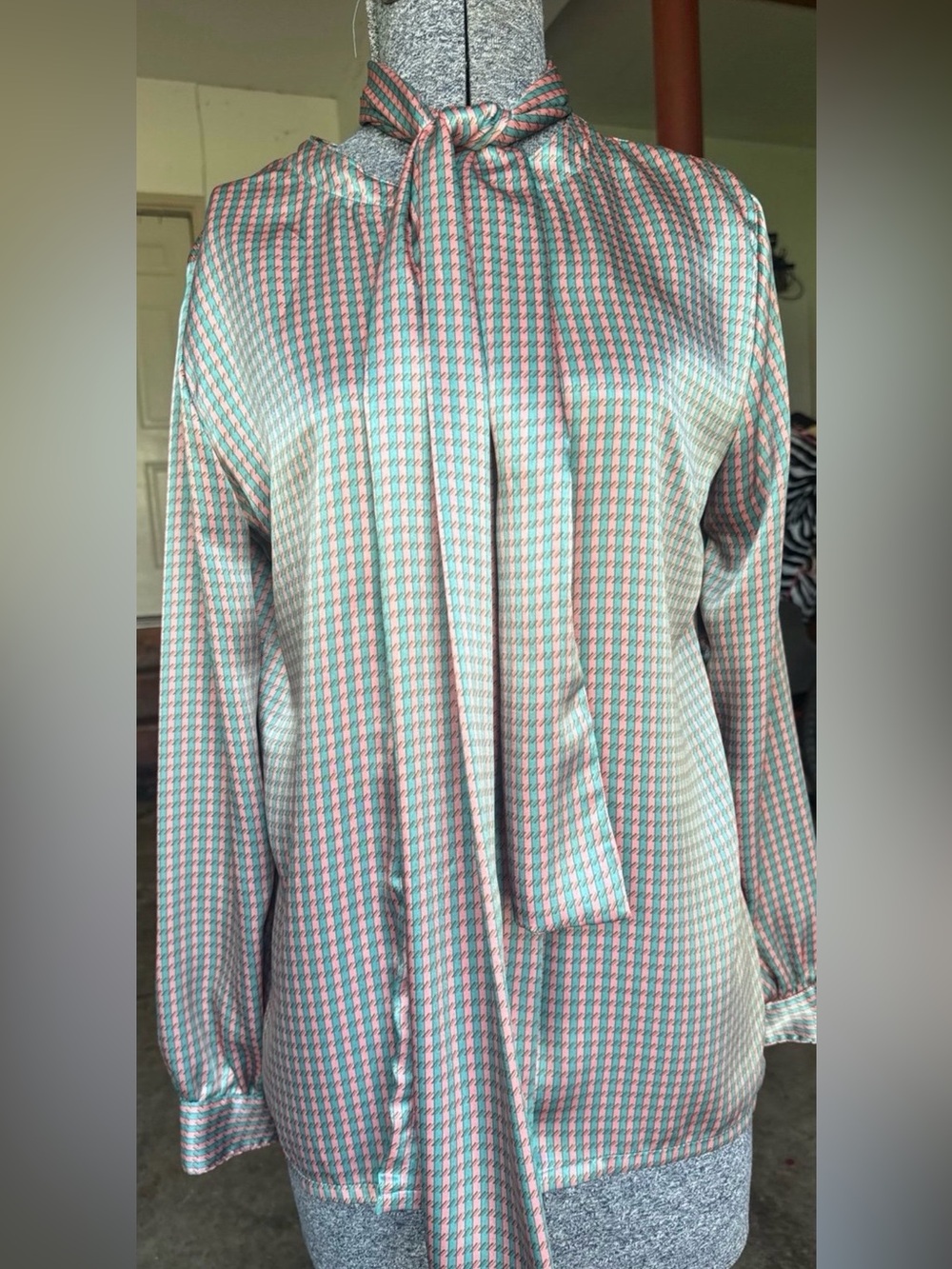 Vintage Women's Pink & Green Striped Satin Blouse with Tie Neck